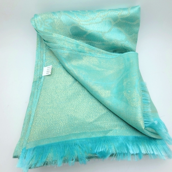 Silk Blend Aqua Green Metallic Floral Print Scarf  27"×74" - Picture 5 of 7
